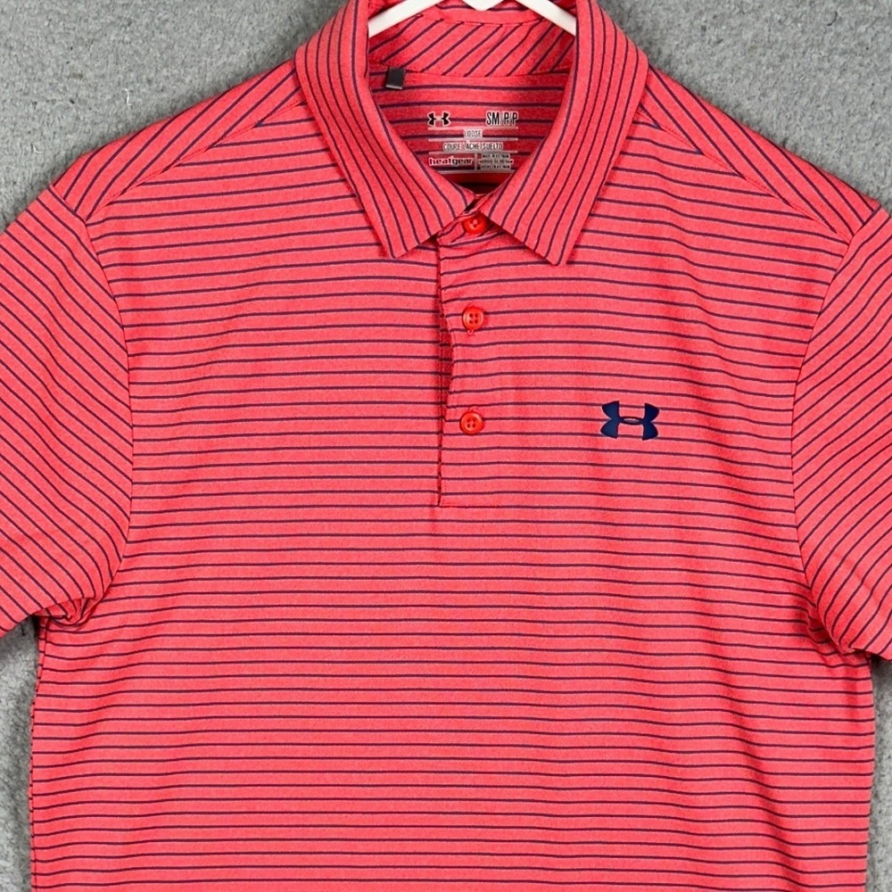 Under Armour Polo Shirt Mens Small Red Navy HeatGear Loose Golf Rugby Stretch